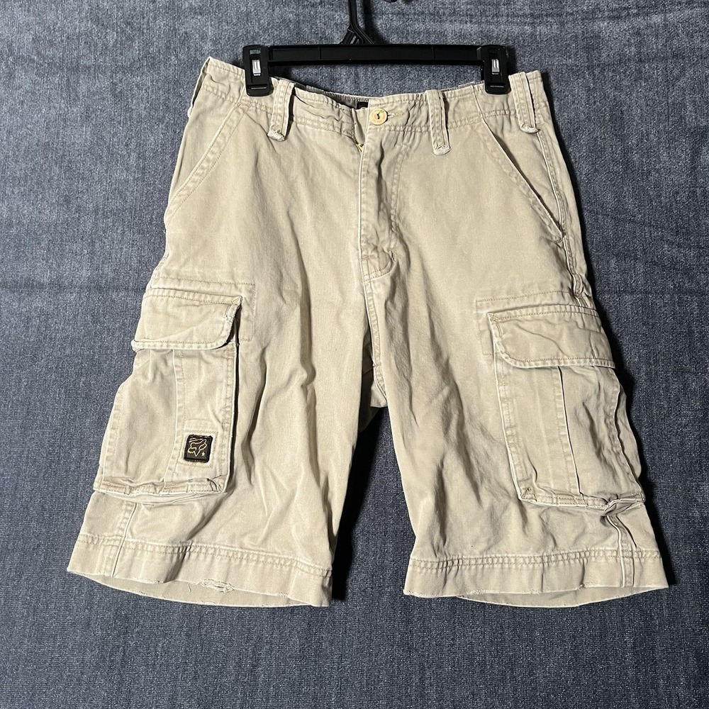 Fox Racing Men Cargo Shorts Size 28 Tan Beige Khaki Casual Skater Y2K Distressed